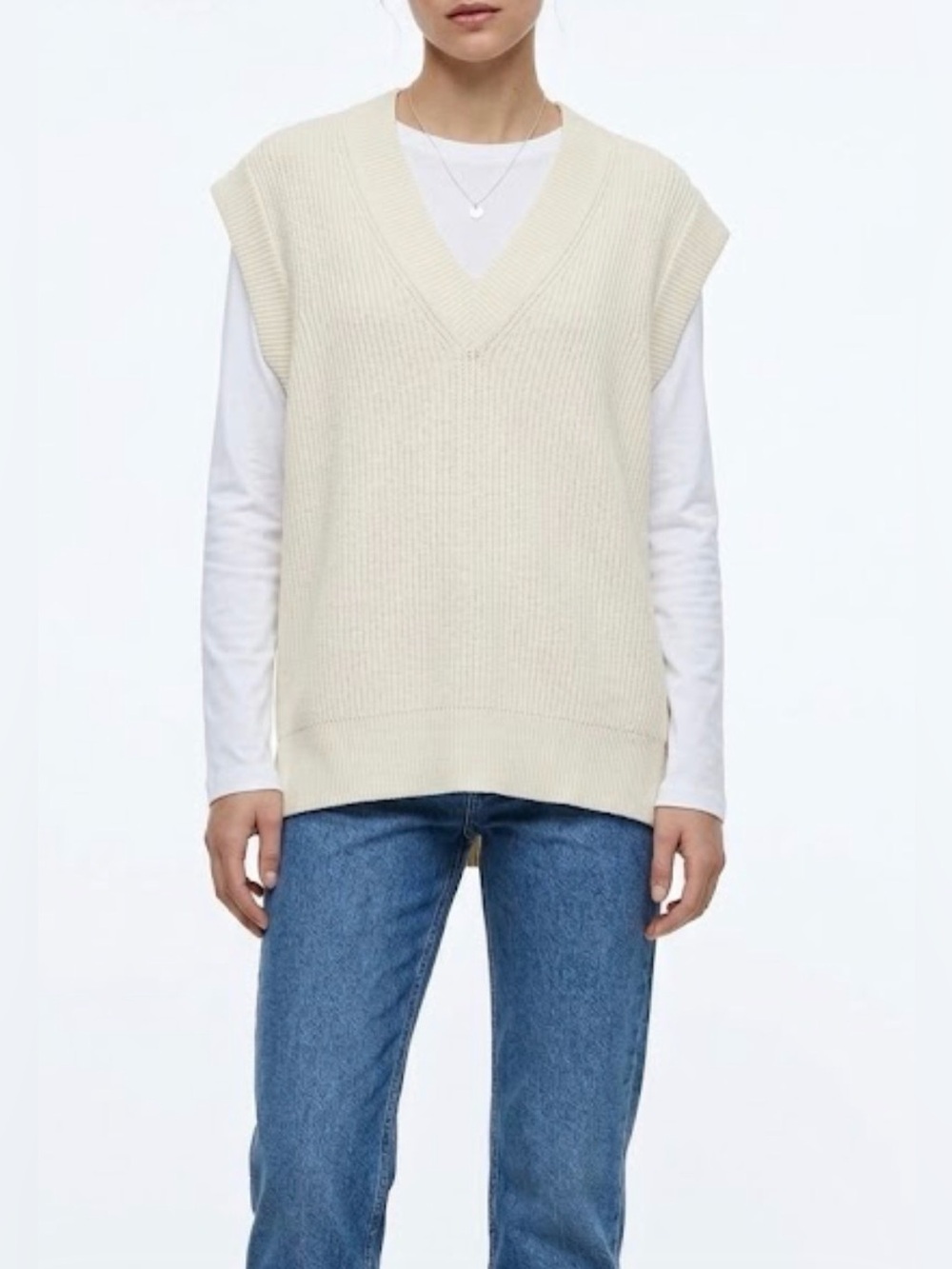 Zara Oversized Soft Ivory Ribbed V-Neck Sweater Vest